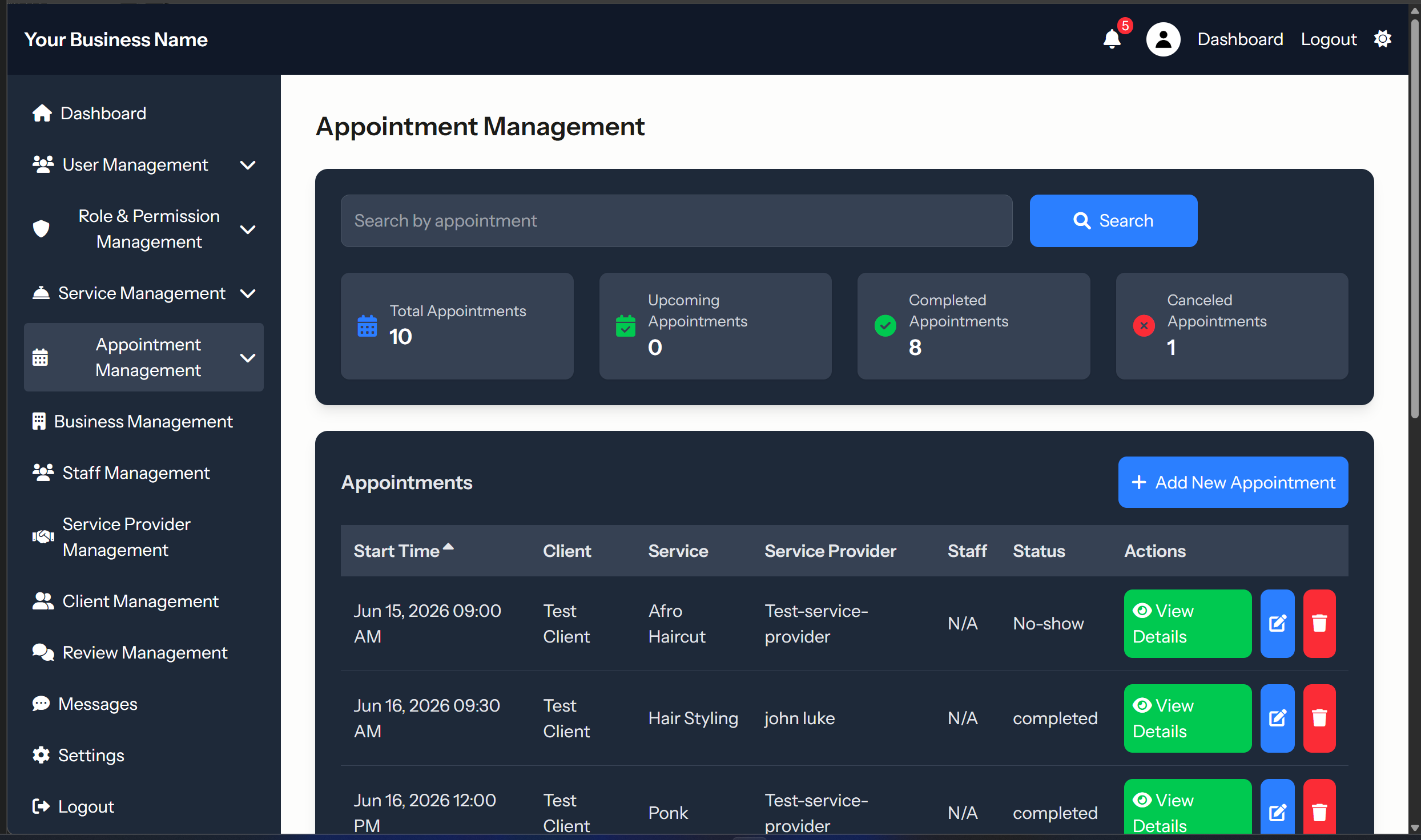 Service Provider Platform appointment scheduling screen
