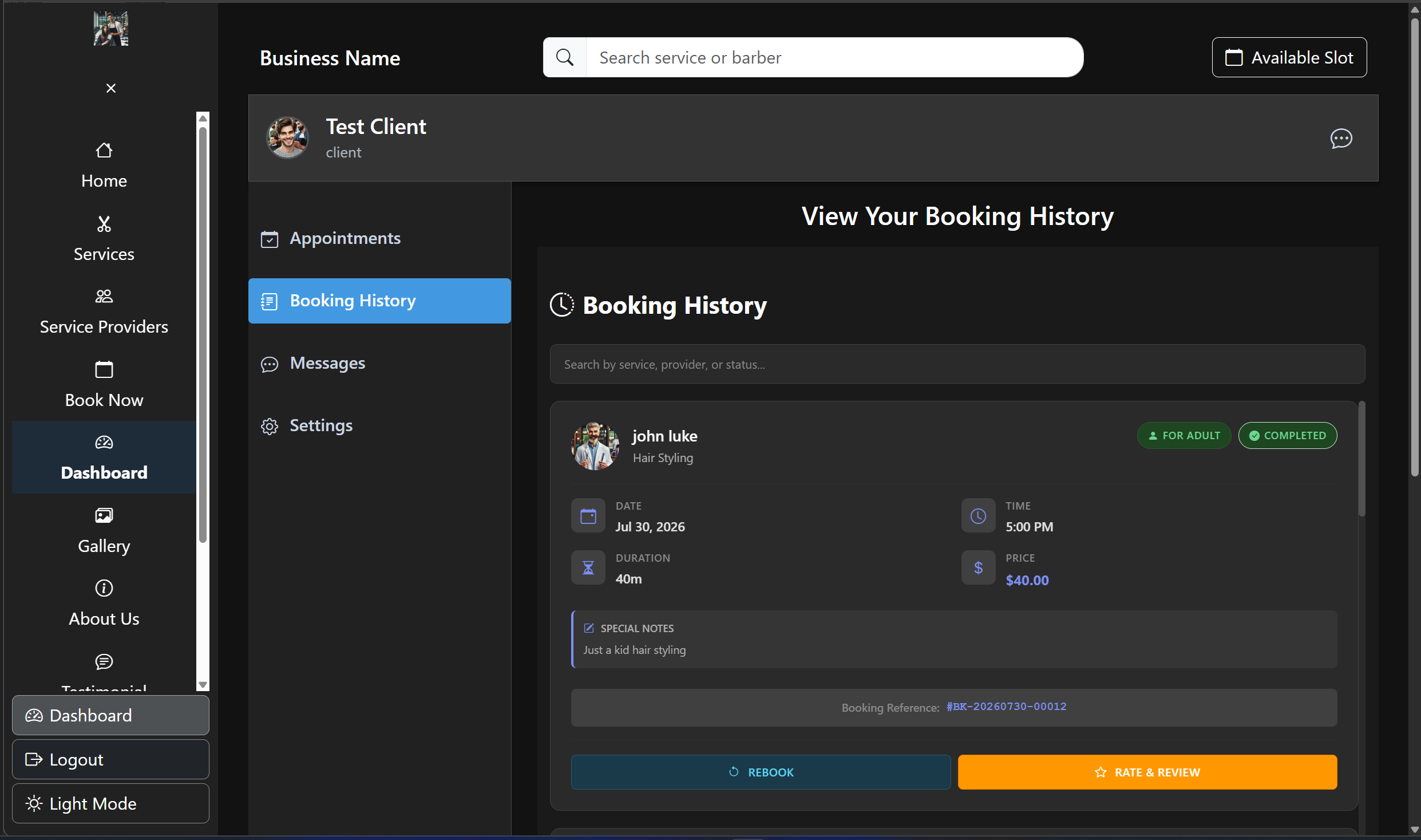 Service Provider Platform customer-facing storefront and booking flow